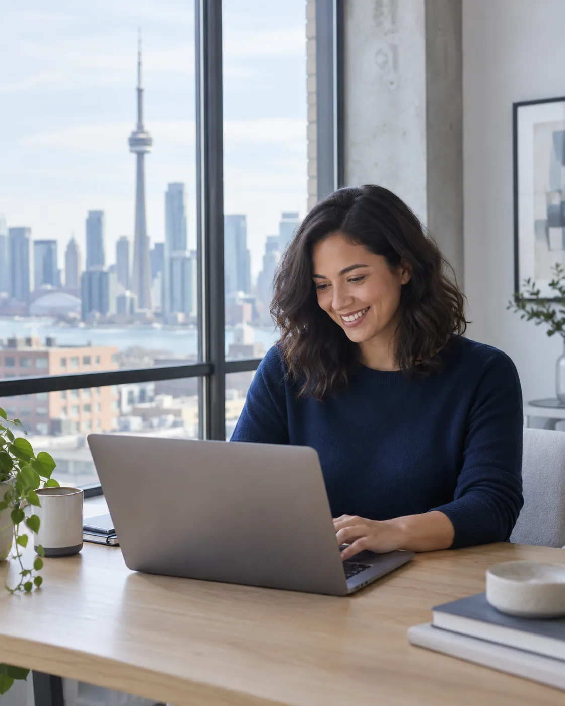 AI-generated illustration of a business owner working beside a window overlooking Toronto